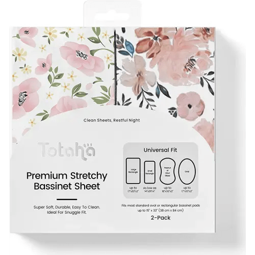 TotAha Premium Stretchy Bassinet Sheets for Baby Girl, Silky Comfort Cradle Sheets Fitted 18 x 36 for Oval, Rectangular, Hourglass Mattress, Hypoallergenic, Buttery Soft 2-Pack (Floral & Pale Pink)