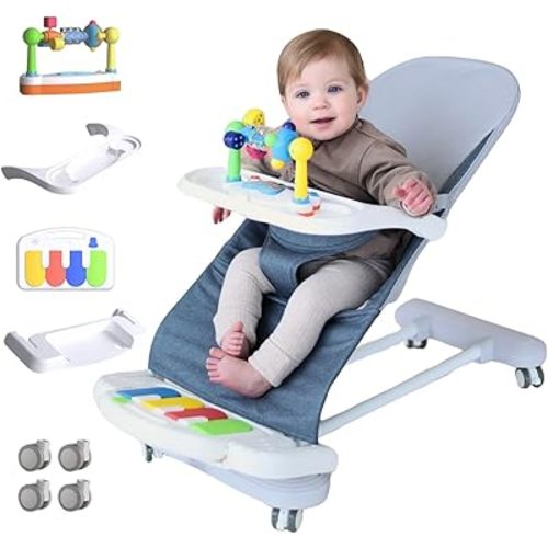 CuddoBaby Baby Bouncer 4-in-1 with Wheels, Detachable Piano, Feeding Tray, Play Bar, Thick Base. 3-Level Incline Portable Seat for Infant to Toddler 0-6, 0-12, 12-24 Months, Upto 29Lbs - Blue