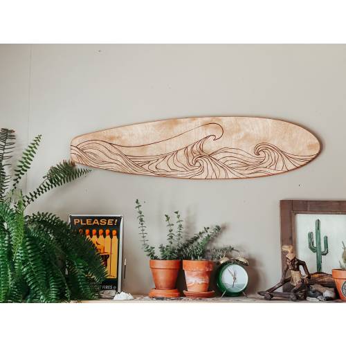 Ride the Wave of Style! Handcrafted Wooden Surfboard Wall Hanging with Wood Burned Waves - Hang Ten in Your Home Decor! Boho surf style