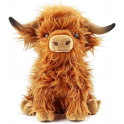 Highland Cow Stuffed Animal Toy, Adorable Highland Cow Plush, Scottish Cow Plush Toy, Farm Animal Cattle Plush Decor Gifts for Kids Baby Girls Boys (Brown Cow)