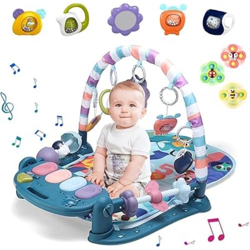 Baby Playmat Tummy Time Toys-Funny Play Piano Baby Gym Activity Mat with 5 Infant Sensory Toys & 3 Suction Cup Spinner Toys, Baby Essentials for Newborns 0-3-6-9-12 Months(Blue)