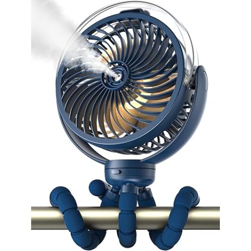 Misting Stroller Fan, 6000mAh Battery Operated Portable Fan with Light & 360° Pivoting, Personal Cooling Fans with Flexible Tripod for Baby, Office, Travel,Treadmill,Outdoors (Dark Blue)