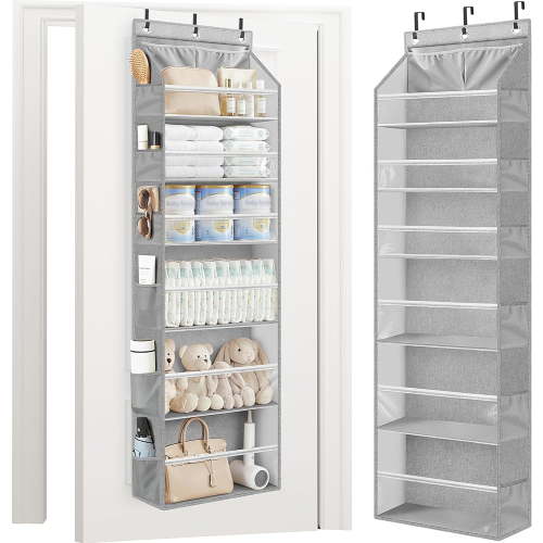 Over the Door Organizer Large Capacity Hanging Organizer, Clear Deep Pockets Behind Door Closet Organizer and Storage for Nursery, Bathroom, Bedroom, Pantry, Grey