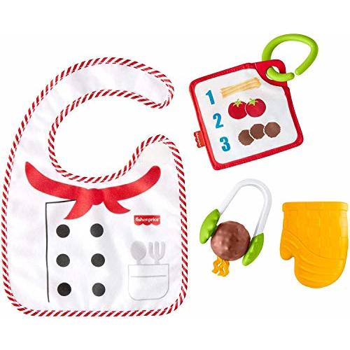 Fisher-Price Cutest Chef Gift Set, 4 Cooking-Themed Baby Toys with Wearable bib and teether for Babies Ages 3 Months and Older