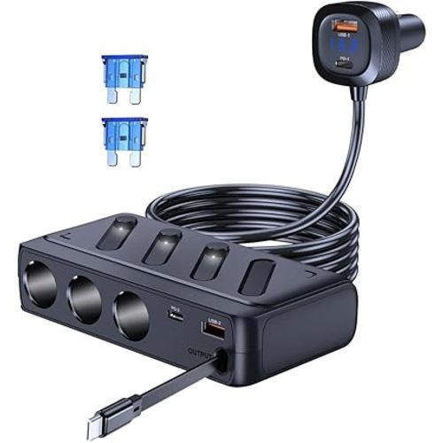 LIHAN Cigarette Lighter Splitter Adapter, 3 Sockets & 5 USB Ports (3 Type-C+2 QC), Retractable 45W PD Cable, 12V/24V Car Charger with LED Voltage Monitor for Vehicle/RV/SUV/Truck