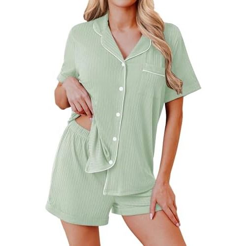 Ekouaer Womens Pajamas 2 Piece Ribbed Knit Pjs Button Down Sleepwear Set Summer Casual Loungewear Lounge Sets