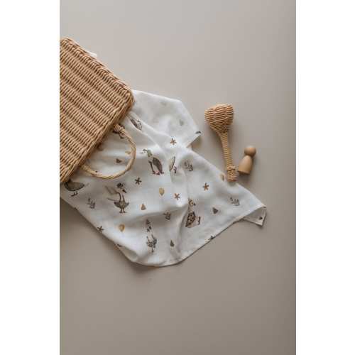 Vintage Duck Swaddle, Family Duck Muslin Blanket, Brown Ducks Swaddle, Naturel Color Muslin Swaddle, Baby Organic Muslin Blanket