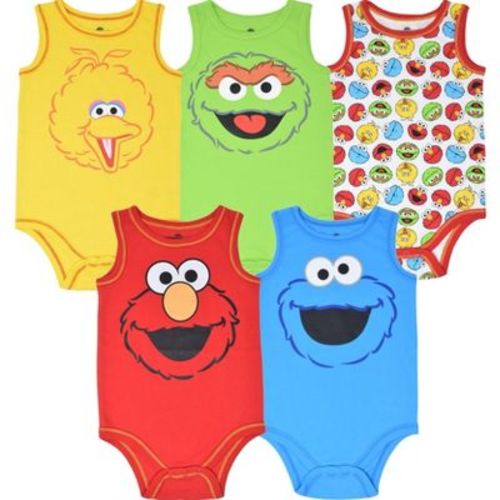 Sesame Street Elmo Cookie Monster Oscar The Grouch Newborn Baby Boys 5 Pack Sleeveless Bodysuits Multicoloured 0-3 Months