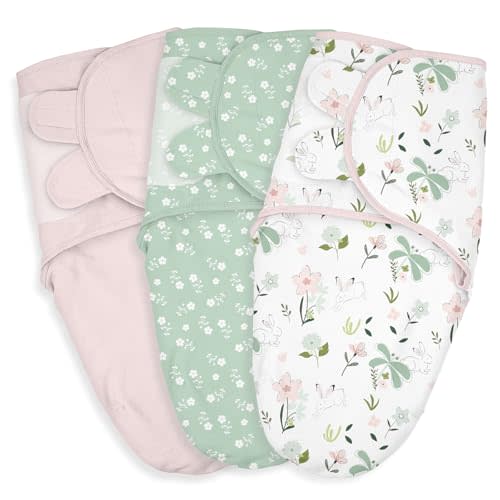Baby Swaddle Sacks, 3-Pack Newborn Organic Cotton Swaddle Wrap, Adjustable Swaddling Blankets, Nursery Swaddling Essentials for Newborn 0-3 Months, Infant Shower Items Gift (Flowers & Rabbits)
