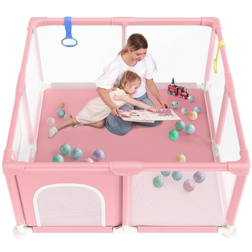 Dripex Baby Playpen, 52"×52" Play Pens for Babies and Toddlers, Safe Anti-Fall Play Yard with Gates, Baby Fence with Breathable Mesh, Indoor & Outdoor Kids Activity Center, Princess Pink