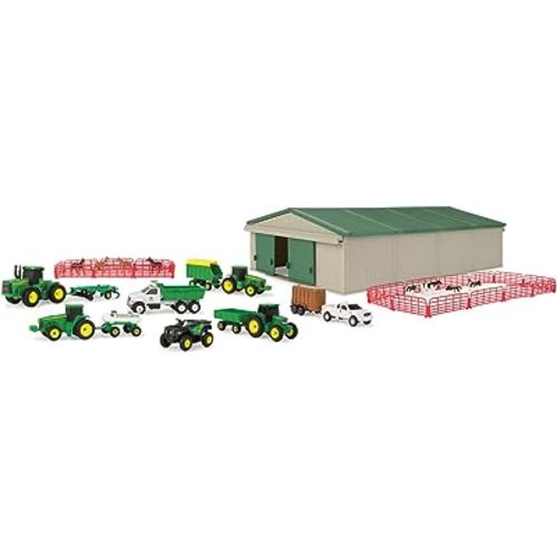 TOMY John Deere Die-Cast Farm Toy 70-Piece Value Playset with Machine Shed, Tractors, Trucks, Implements, and Farm Animals