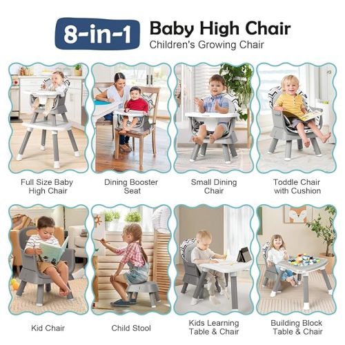 Cowiewie 8 in 1 Baby High Chair for Babies & Toddlers Table and Chair Set Building Block Table Highchair with Safety Harness, Removable Tray£¨Wavy£© - Gray