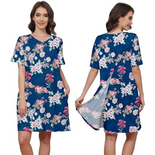 Hospital Gowns for Women Open Back Tear Away Snap Post shoulder Dress Short Sleeve Soft Adaptive Clothing with Pockets