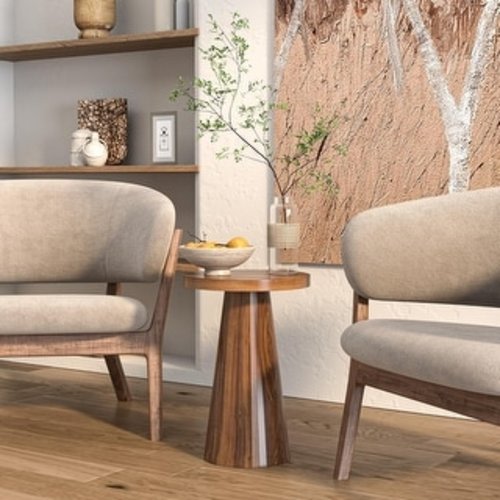 Modern Round Pedestal Side Table, Small Nightstand for Living Room or Bedroom, Walnut Finish