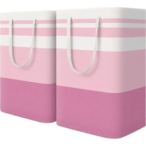 HomeHacks 2 Pack Large Laundry Baskets, Waterproof, Freestanding Laundry Hampers, Collapsible Clothes Hamper with Reinforced Handles in Laundry, College Dorm, Bathroom, Bedroom (Pink, 75Lx2)