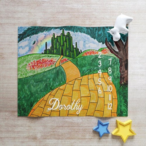 Wizard of Oz Yellow Brick Road Baby MONTHLY MILESTONE BLANKET, Calendar, Track Growth, Age, Watch me Grow, Poppies, Emerald City Shower Gift