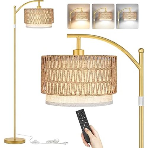 ROTTOGOON Arc Floor Lamps for Living Room, Boho Farmhouse Floor Lamp with Remote & Dimmable Bulb, Standing Lamp with Rattan & Fabric Shades, Adjustable Tall Lamp for Bedroom Office-Gold