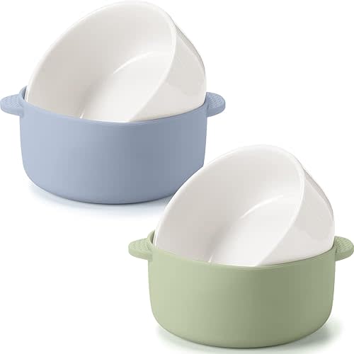 Domensi 2 Sets Kids Porcelain Bowls with Removable Silicone Sleeve 2-in-1 Porcelain Toddler Bowls Microwave Dishwasher Safe Cereal Snack Soup Dishes for Baby Children Feeding Supplies (Green Blue)