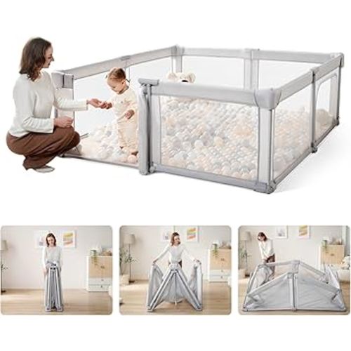 Baby Playpen with Door, Pre-Assembled Portable Playpen for Babies and Toddlers, Large Foldable Playpen with Travel Bag, Play Pen for Indoors & Outdoors 71x79in, Light Grey
