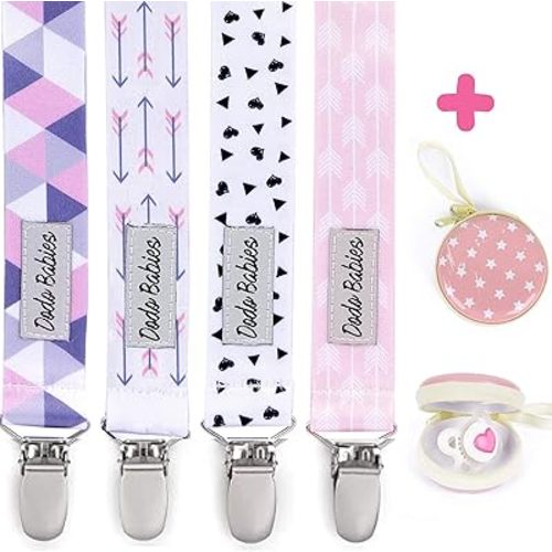 Pacifier Clip by Dodo Babies Pack of 4 + Pacifier Case, Premium Quality for Girls Modern Designs Universal Holder Leash for Pacifiers, Teething Toy or Soothe