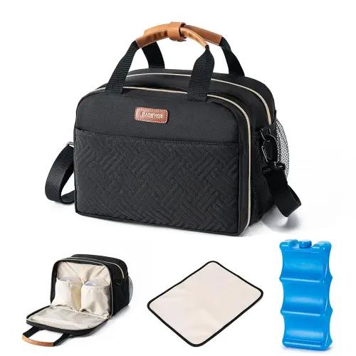 Breastmilk Cooler Bag with Ice Pack Fits 6 Baby Bottles Up to 9 Ounce, Compatible with Wearable Breast Pumps & Accessories-Black