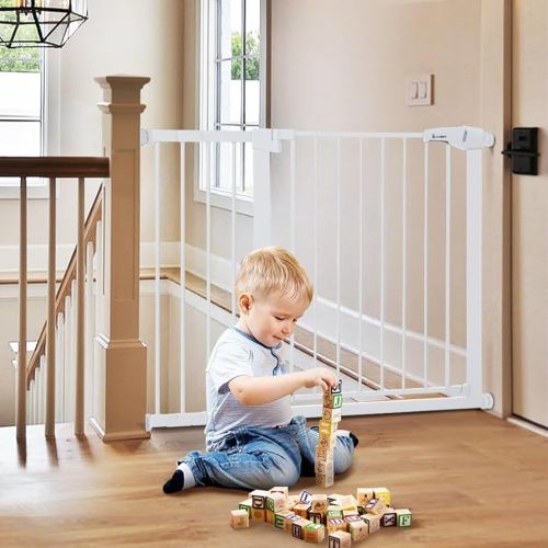 COMOMY 30" Tall Baby Gate for Stairs Doorways, Fits Openings 29.5" to 43.3" Wide, Auto Close Extra Wide Dog Gate for House, Pressure Mounted Easy Walk Through Pet Gate with Door, White