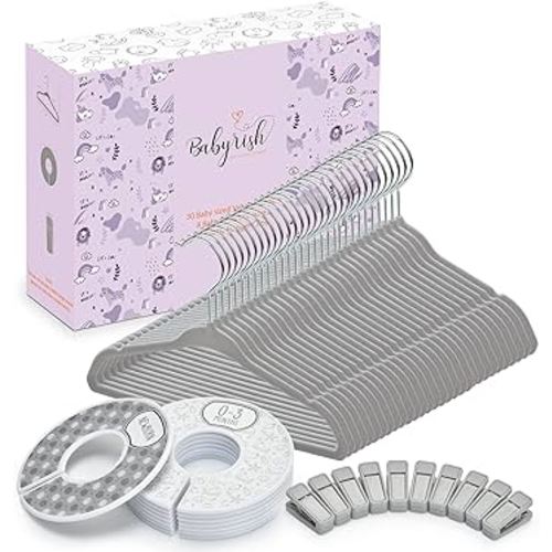 Velvet Baby Hangers 30 Pack, Ultra Thin Nonslip Nursery Clothes Hangers with 8pcs Cute Clothing Dividers and 10pcs Hanger Clips for Kids Baby Boys & Girls Closet Organizer, Grey