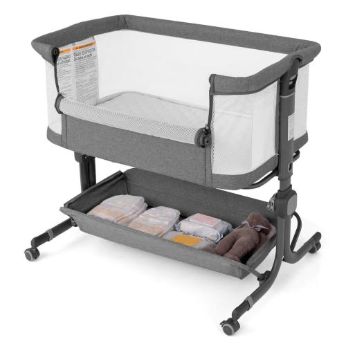 Bedside Crib w/ Adjustable Height Bassinet w/ Storage Shelf & Wheels