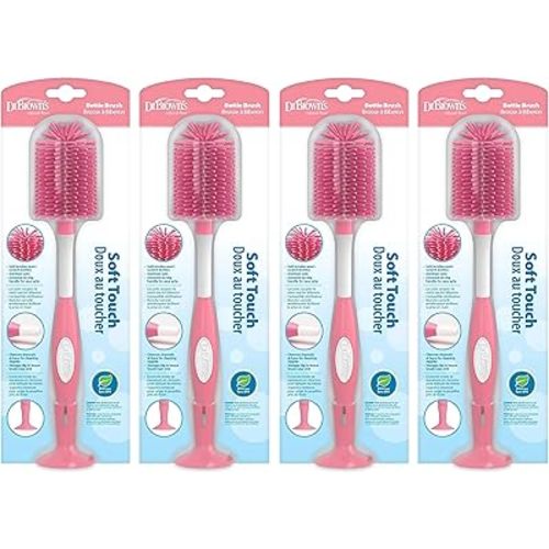 Dr. Brown's Soft Touch No Scratch Baby Bottle Cleaning Brush Nipple Cleaner with Stand and Storage Clip, BPA Free, Pink 4-Pack