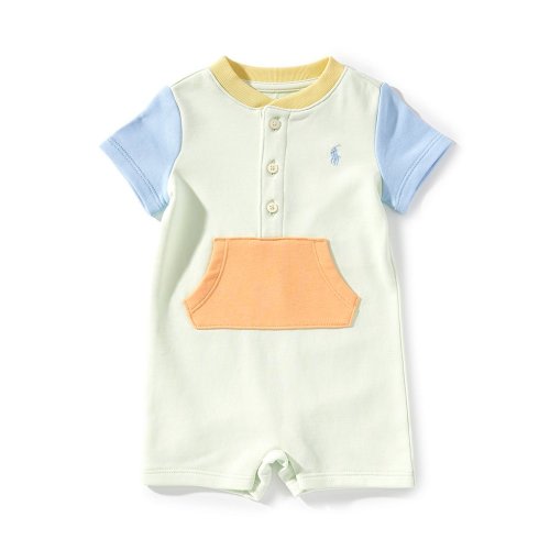 Ralph Lauren Baby Boys Terry Color-Block Henley Neck Short Sleeve One-Piece Shortall