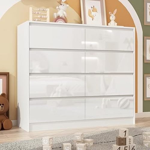 jiteentarou White Malm High Gloss Dresser for Bedroom, 47" Wide 41" Tall Dresser with 8 Drawers, Modern Large Wood Chest of Drawer Handle Free, Living Room, Entryway, Hallway, White
