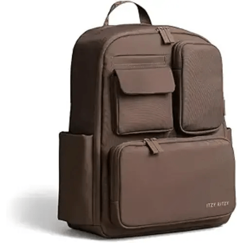 Itzy Ritzy Utility Diaper Bag Backpack – Features 17 Pockets (Including 2 Insulated Bottle Holders) & Trolley Sleeve and Includes Stroller Straps & Changing Pad – Part of the Belong Collection (Mocha)