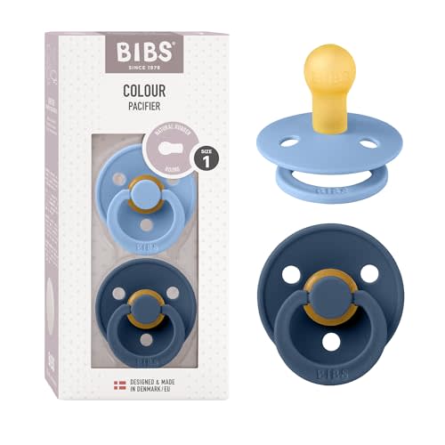 BIBS Colour Baby Pacifier 2-Pack | Made in Denmark | BPA Free Dummy Soother, Round Nipple. Natural Rubber Latex, Size 1 (0-6 Months), Sky Blue / Steel Blue
