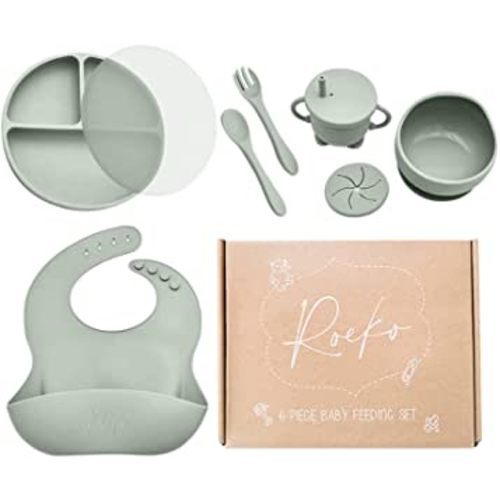 Roeko Baby Led Weaning Supplies - Baby Feeding Set With Lid - Suction Plates for Baby - Sippy Cup with Straw - Silicone Bibs for Babies - 6 Month Old Baby Essentials - Baby Products (Olive)