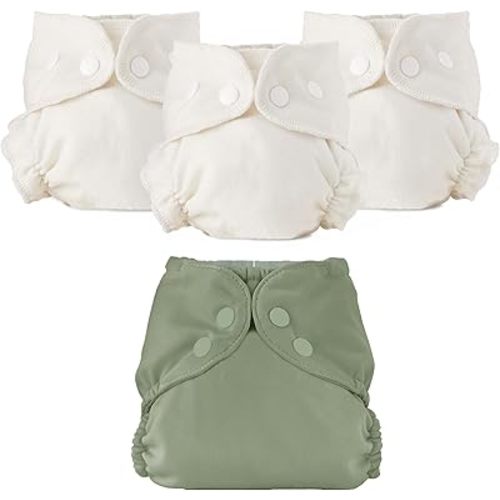 Esembly Cloth Diaper Bundle Set, 3 Organic Absorbent Inners and 1 Waterproof Recycled Diaper Cover, Reusable Washable Diapers with Snap Closure, Size 2 (18-35lbs), Aloe