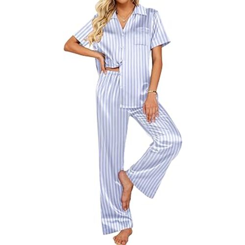 Ekouaer Womens Silk Satin Pajama Sets 2 Piece Pjs Soft Button Down Sleepwear Wide Leg Long Pants Loungewear with Pockets