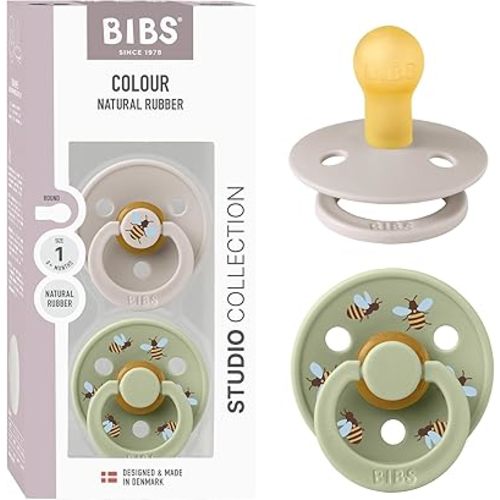 BIBS Studio Soother 2-Pack, BPA Free Dummy Pacifier, Round Nipple. Natural Rubber Latex, Made in Denmark, Size 1 (0-6 Months), Mushroom/Sage