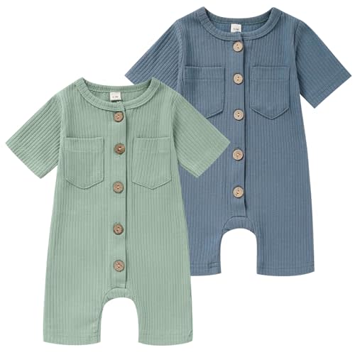 TITKKOP Newborn Baby Boy Girl Clothes 2 Pack Solid Romper Short Sleeve One-Piece Jumpsuits Outfits Sets