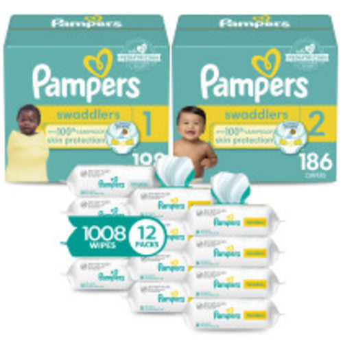 Pampers Swaddlers Diapers Starter Kit: Sizes 1 (198 Count) & 2 (186 Count) + Sensitive Wipes 12 Pack ( 1008 Count)
