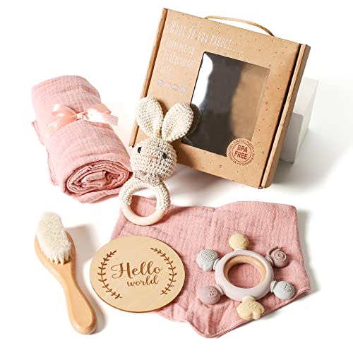 YOUUYS Baby Gift Set for Newborn - Baby Essential Bath Basket Easter Gift Set with Baby Blanket Baby Rattle Teether Toy & Hair Brush Newborn Shower Gift for Easter Day Baby Girls Boys 6PCS (Bunny)