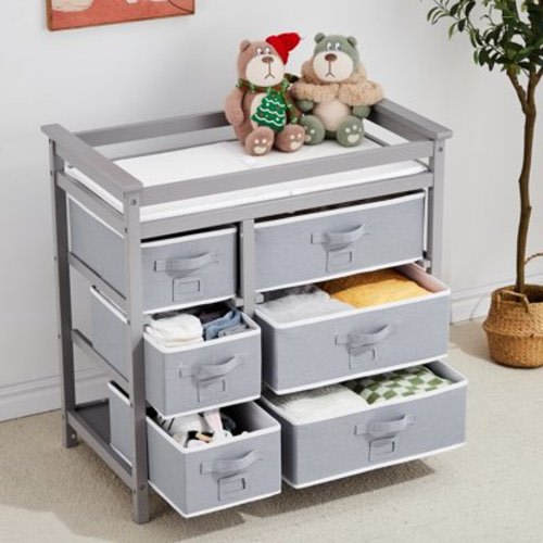 Garvee Baby Changing Table, 6 Pull-out Storage Baskets & Changing Pad, 34.3"H Wooden Diaper Changing Station, Gray