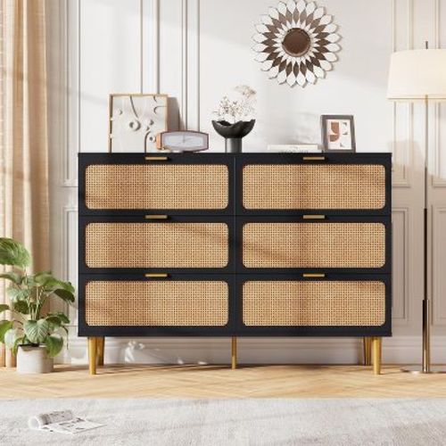Rattan 6 Drawer Dressers for Bedroom, Large Double Dresser with Deep Drawers, Chest of Drawers for Closet with Wide Top, Long Wooden Dresser