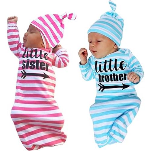 Newborn Baby Twins Knotted Nightgowns Set Soft Sleeper Gowns Striped Infant Sleeping Bags with Hats Set