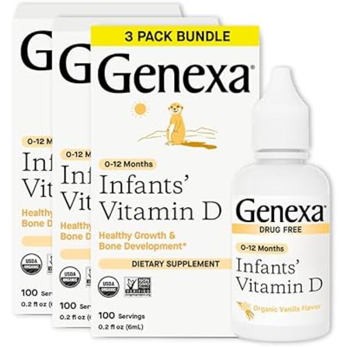 Genexa Infants Vitamin D Liquid Drops for Newborn, Baby & Toddler | Bone Development | Delicious Organic Vanilla Flavor | Certified Organic, Gluten Free, & Non-GMO | 270 Servings (3 Pack)