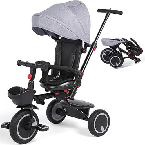 Baby Tricycle, 8-in-1 Folding Toddler Tricycle, Toddler Bike with Parent Steering Push Handle, Kids Tricycle with Safety Belt, Double Brakes, Canopy, Trike Gift for Toddlers 7 Months-5 Years, Grey