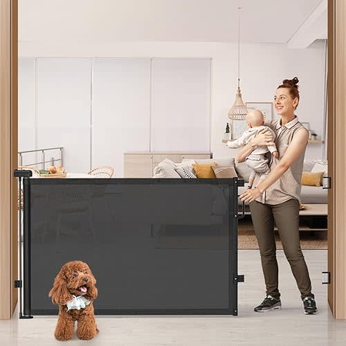 76'' Retractable Baby Gates Extra Wide, Mesh Long Dog Gate for Wide Openings, Indoor Outdoor Stair Gate for Doorways Hallways Deck Porch, Child Pet Safety Essentials for Home, Black