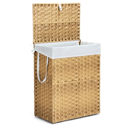 DUMOS Woven Laundry Basket with Lid, 90L Large Capacity Hamper, Removable & Machine-Washable Liner, Foldable Rattan Clothes Hamper, Sturdy Steel Frame, Odor Control, Goose Yellow