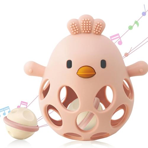 2-in-1 Baby Teething Toy, Easy Grasp Oball Rattle & Teether Toy for Babies 0-12 Months, 100% Food Grade Silicone, 3-6 6-12 Month Baby Teething Relief Toy, BPA Free (Pink)