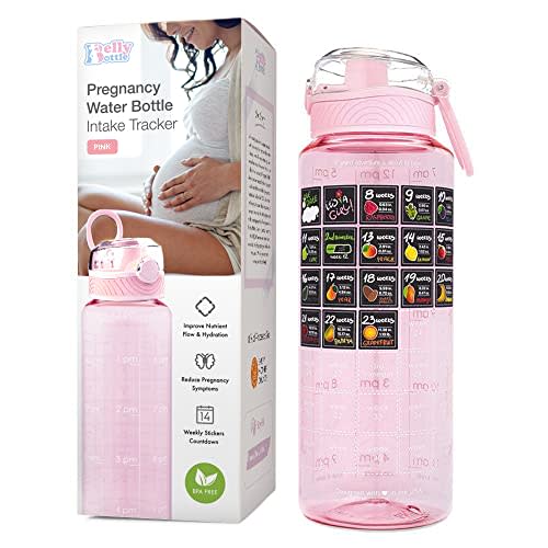 BellyBottle Pregnancy Water Bottle Intake Tracker with Weekly Milestone Stickers (BPA-Free) Pregnancy Must Haves Gifts for First Time Moms Essentials - Pink