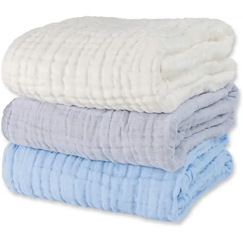 Muslin Baby Bath Towels Set 3 Pack Ultra Soft and Absorbent Baby Towels Infant Toddler Blanket Towel 6-Layer Natural Cotton Towel Suitable for Girl Boy 40x40 inches (White&Blue&Grey)